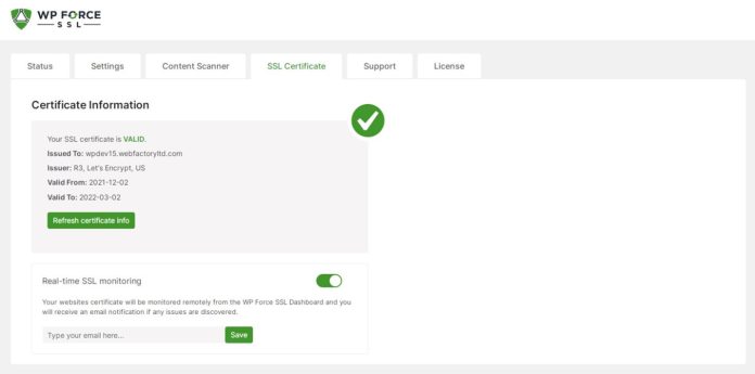 WP Force SSL certificate information